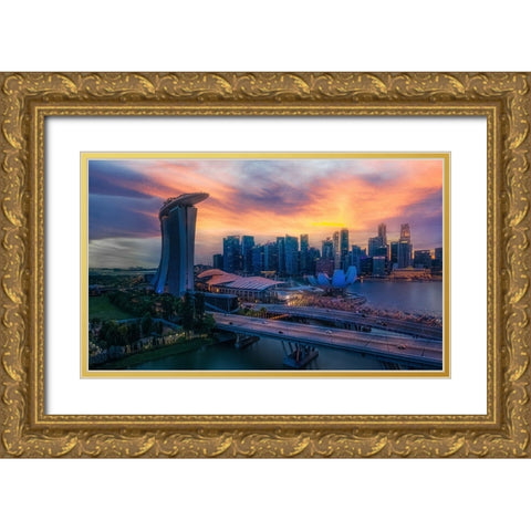 Marina Bay Gold Ornate Wood Framed Art Print with Double Matting by Yang, Jianping