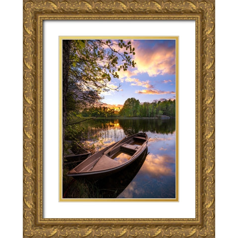 Reflection in the boat Gold Ornate Wood Framed Art Print with Double Matting by Lindsten, Christian