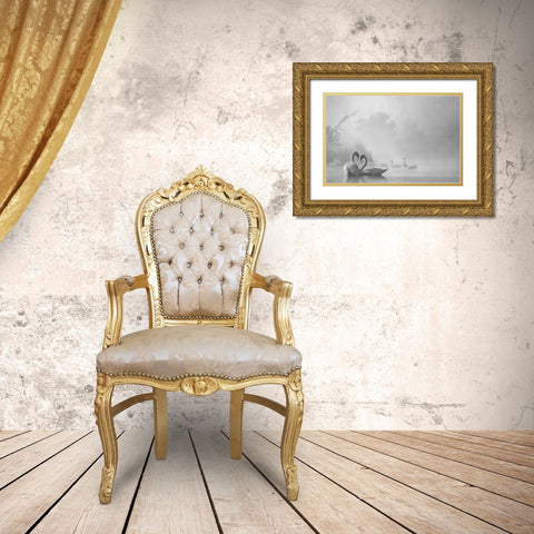 morning fog on swan lake Gold Ornate Wood Framed Art Print with Double Matting by Liu, Dawei