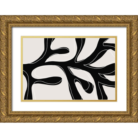 Abstract Twig Black And White Gold Ornate Wood Framed Art Print with Double Matting by Uplusmestudio