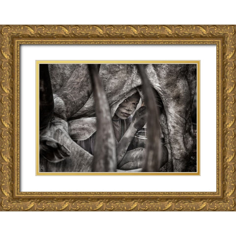 Mundari Child Milking A Cow-II - South Sudan Gold Ornate Wood Framed Art Print with Double Matting by Inazio Kuesta, Joxe