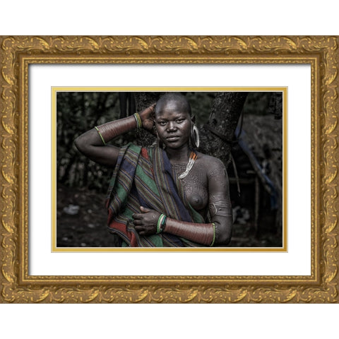 Surmi Tribe Woman - Ethiopia Gold Ornate Wood Framed Art Print with Double Matting by Inazio Kuesta, Joxe