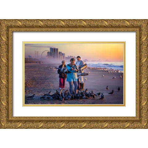Bird Feeders Gold Ornate Wood Framed Art Print with Double Matting by Yang, Jianping