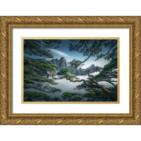 Strange Pine Tree In Yellow Mountain Gold Ornate Wood Framed Art Print with Double Matting by Ye, Ningyun