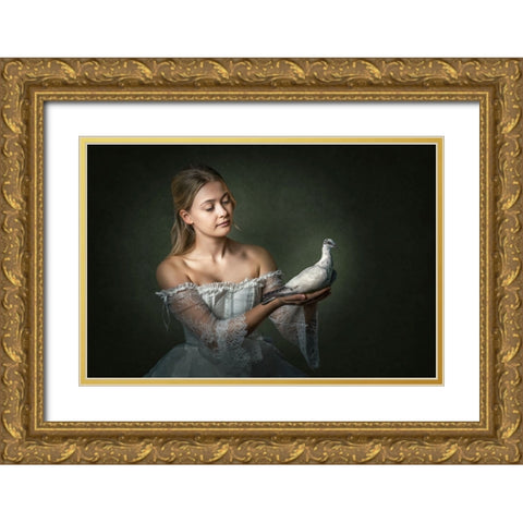 Pigeongirl Gold Ornate Wood Framed Art Print with Double Matting by Egger, Marcel