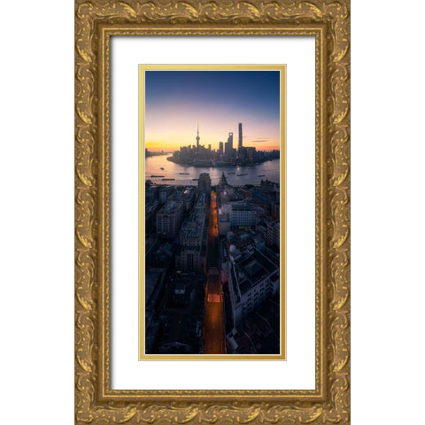 Shanghai Sunrise Gold Ornate Wood Framed Art Print with Double Matting by Tan, Jasper