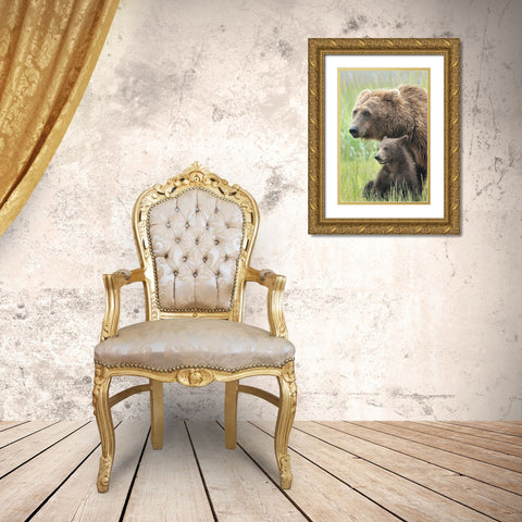 Momma Bear and Cub Portrait Gold Ornate Wood Framed Art Print with Double Matting by D Lester, Linda