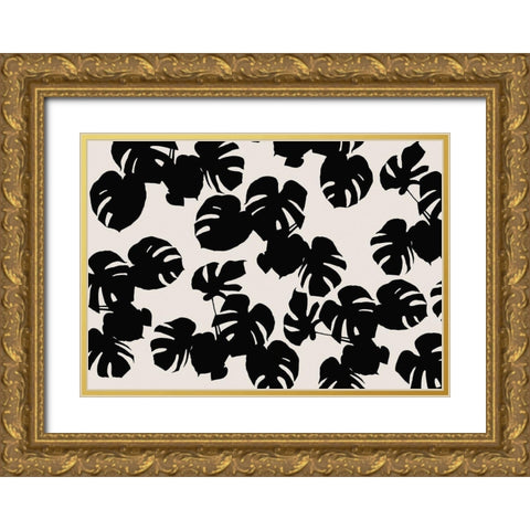 Monstera Leaves Black Gold Ornate Wood Framed Art Print with Double Matting by 1x Studio II