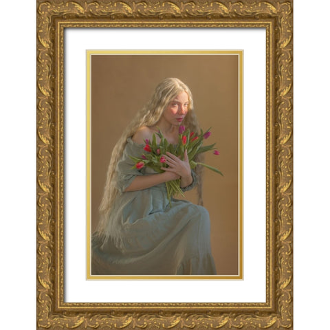 Lady With Flowers Gold Ornate Wood Framed Art Print with Double Matting by Durisova, Michaela