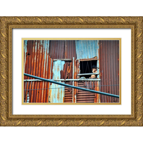 Window Boy Gold Ornate Wood Framed Art Print with Double Matting by Mahabub Hossain, Md