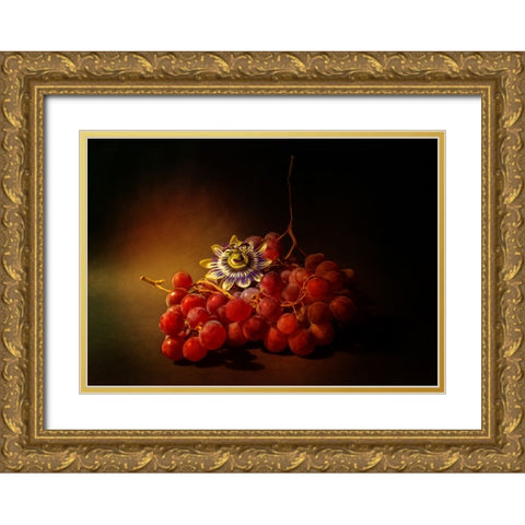 Red Grapes And Passion Flower Gold Ornate Wood Framed Art Print with Double Matting by Shumilova, Ludmila