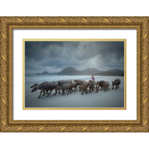 Selong Belanak Beach Gold Ornate Wood Framed Art Print with Double Matting by Octavandy