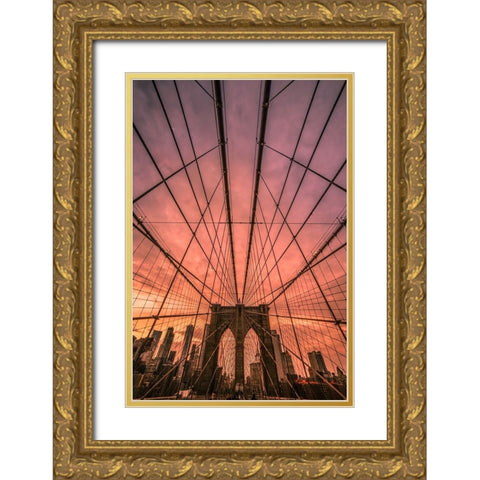 Brooklyn Bridge Sunset Gold Ornate Wood Framed Art Print with Double Matting by R. Veizaga, Christopher