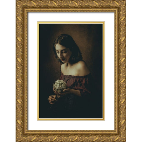 Girl With A Flower Gold Ornate Wood Framed Art Print with Double Matting by Grimm, Klaus