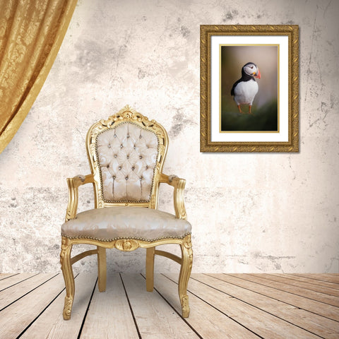 Puffin Posing In The Late Night Sun Gold Ornate Wood Framed Art Print with Double Matting by Renmyr, Magnus