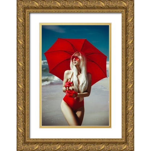 The Red Umbrella Gold Ornate Wood Framed Art Print with Double Matting by Bolgov (Axe), Ruslan