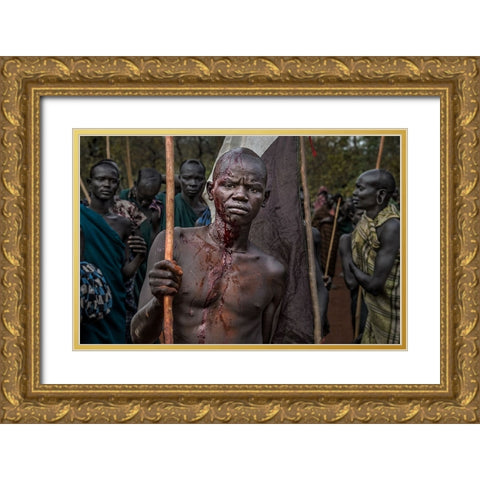 The Winner Of A Donga Fight In Ethiopia. Gold Ornate Wood Framed Art Print with Double Matting by Inazio Kuesta, Joxe