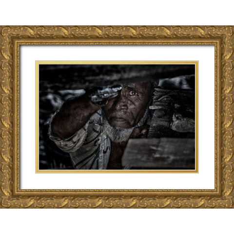 Man Tarring The Keel Of A Ship - Bangladesh Gold Ornate Wood Framed Art Print with Double Matting by Inazio Kuesta, Joxe