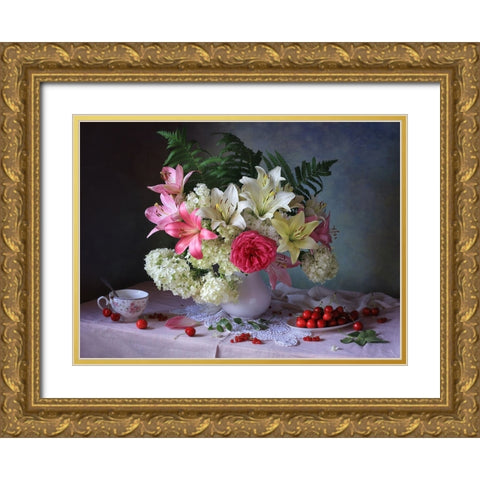 Still Life With Garden Flowers And Berries Gold Ornate Wood Framed Art Print with Double Matting by Skorokhod, Tatyana