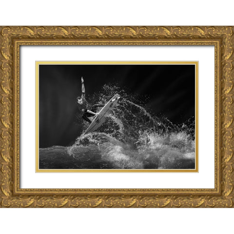 Surfing Gold Ornate Wood Framed Art Print with Double Matting by Thwaits, Yun