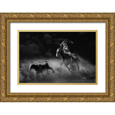 Tie Down Roping Calf Gold Ornate Wood Framed Art Print with Double Matting by Thwaits, Yun