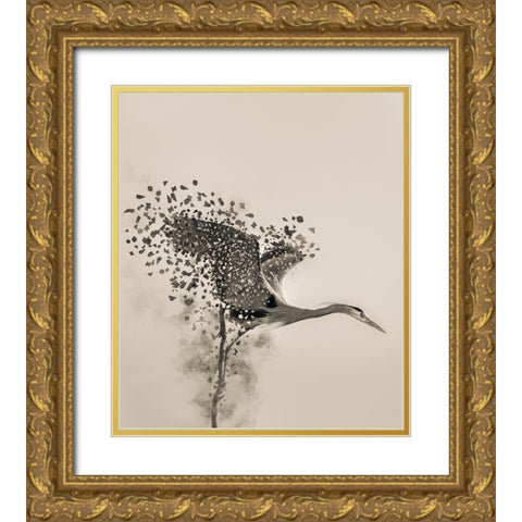 A Blue Heron Gold Ornate Wood Framed Art Print with Double Matting by Li, Yunqiang