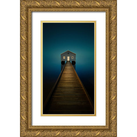 Little blue boathouse in Perth Gold Ornate Wood Framed Art Print with Double Matting by Zhen Yu, James