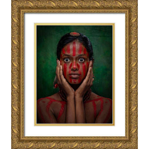 Tribal Fear Gold Ornate Wood Framed Art Print with Double Matting by Chattopadhyay, Debasish