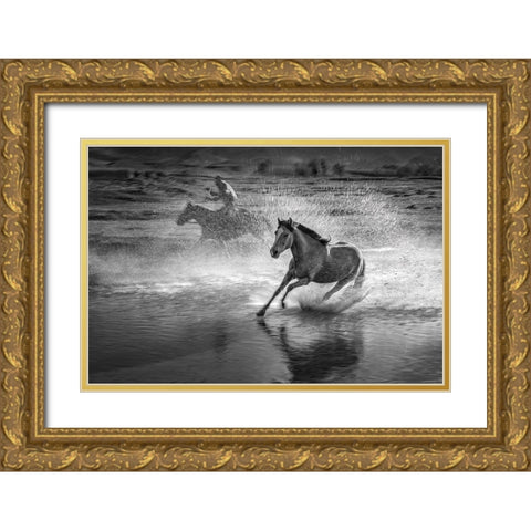 Running Horses Gold Ornate Wood Framed Art Print with Double Matting by Zhang, Anna