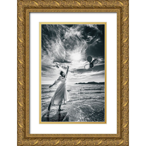 Release The Balloons Gold Ornate Wood Framed Art Print with Double Matting by Iino, Ken-Ichi