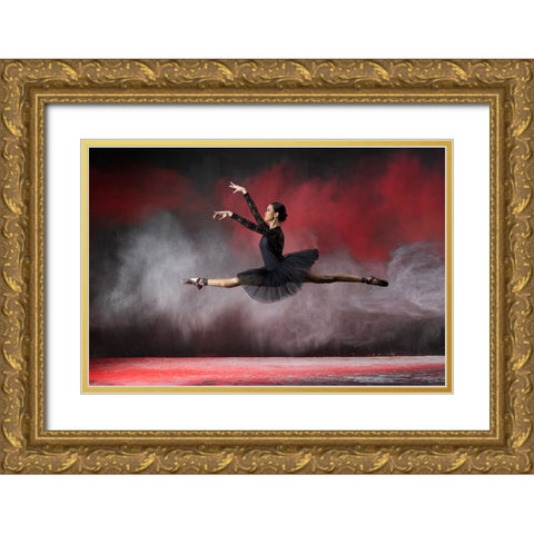Ballerina Red N White Gold Ornate Wood Framed Art Print with Double Matting by Suhardjo, Lisdiyanto