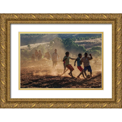 The Kids Playing Football Gold Ornate Wood Framed Art Print with Double Matting by Shi, Mei
