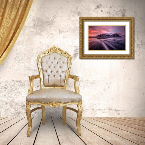 Vestrahorn Sunset Gold Ornate Wood Framed Art Print with Double Matting by Zhen Yu, James