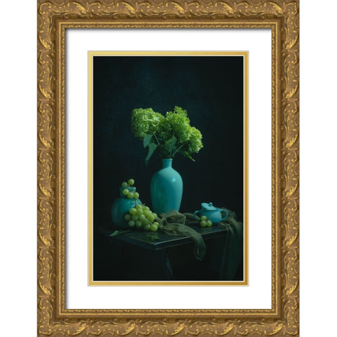 Green Hydrangea And Grape Gold Ornate Wood Framed Art Print with Double Matting by Jacobs, Lydia