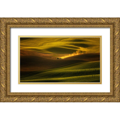 A Tractor In The Palouse Wheat Fields Gold Ornate Wood Framed Art Print with Double Matting by Zhang, Joan
