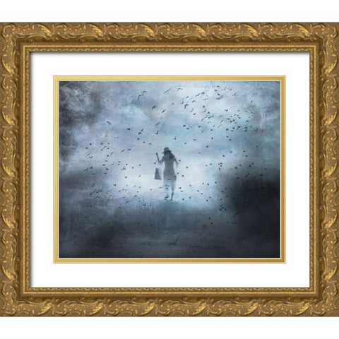 Girl And Bird Gold Ornate Wood Framed Art Print with Double Matting by Lammakmak