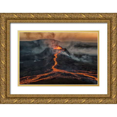 Volcano Eruption Gold Ornate Wood Framed Art Print with Double Matting by Bian, James