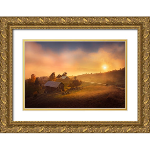 A Misty Sunset Gold Ornate Wood Framed Art Print with Double Matting by Zayakov, Slavi