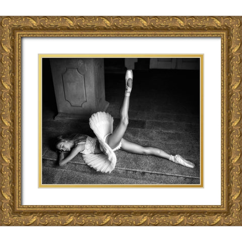 Ballerina Lying On The Stairs Bw Gold Ornate Wood Framed Art Print with Double Matting by Nanev, Vasil