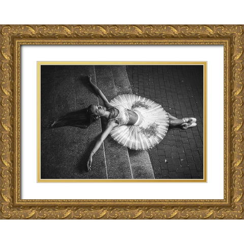 Ballerina Lying On The Stairs 2 Bw Gold Ornate Wood Framed Art Print with Double Matting by Nanev, Vasil
