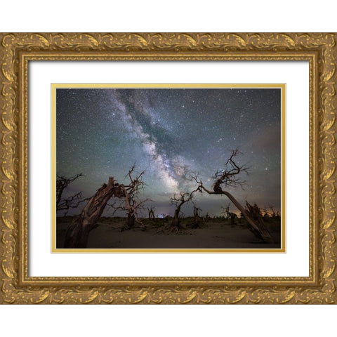Galaxy Over A Dead Forest Gold Ornate Wood Framed Art Print with Double Matting by Liao, Yuhan