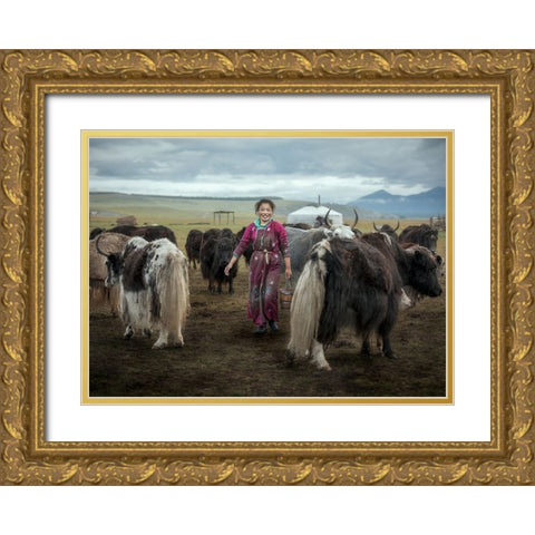 Happy Milking Gold Ornate Wood Framed Art Print with Double Matting by Ma, Frank