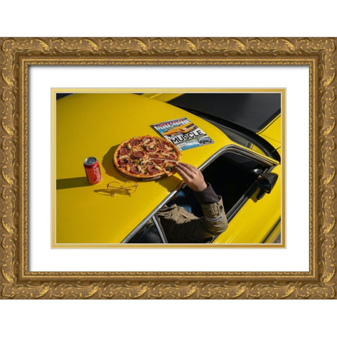 Pizza On Mustang Old School Gold Ornate Wood Framed Art Print with Double Matting by Hamedani, Ardalan