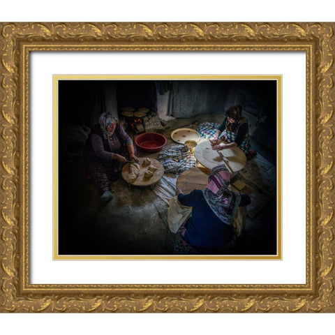 Women Making Bread. Gold Ornate Wood Framed Art Print with Double Matting by Bilgin, Zuhdu