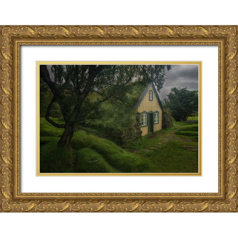 Hofskirkja Turf Church Gold Ornate Wood Framed Art Print with Double Matting by Db, Yy