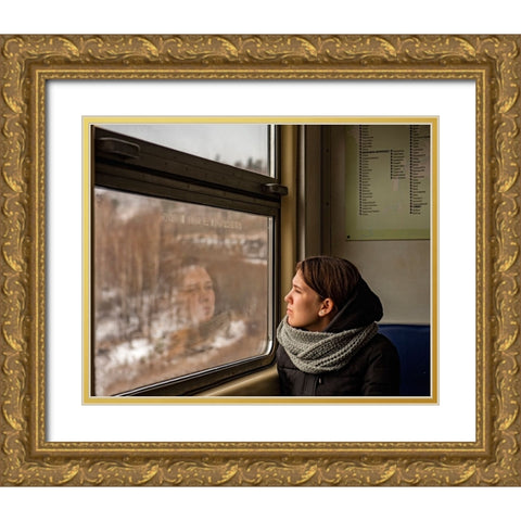 Lady In A Train Gold Ornate Wood Framed Art Print with Double Matting by Golani, Aharon