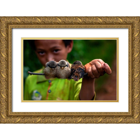 Child And Bird Gold Ornate Wood Framed Art Print with Double Matting by Nie, Yibing