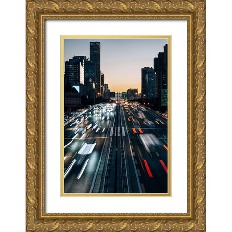 City At Dusk Gold Ornate Wood Framed Art Print with Double Matting by Jiaxingsong