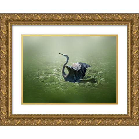 blue heron in a green dream Gold Ornate Wood Framed Art Print with Double Matting by Chen, Jennifer