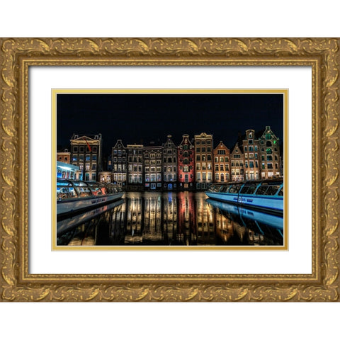 Qdancing Housesq On The Damrak Canal In Amsterdam Gold Ornate Wood Framed Art Print with Double Matting by Mosqueira Rey, Eduardo